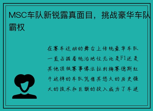 MSC车队新锐露真面目，挑战豪华车队霸权
