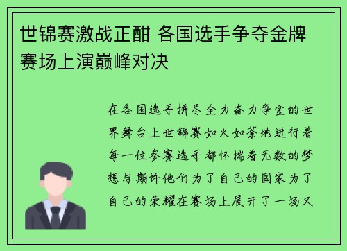 世锦赛激战正酣 各国选手争夺金牌 赛场上演巅峰对决