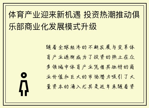 体育产业迎来新机遇 投资热潮推动俱乐部商业化发展模式升级